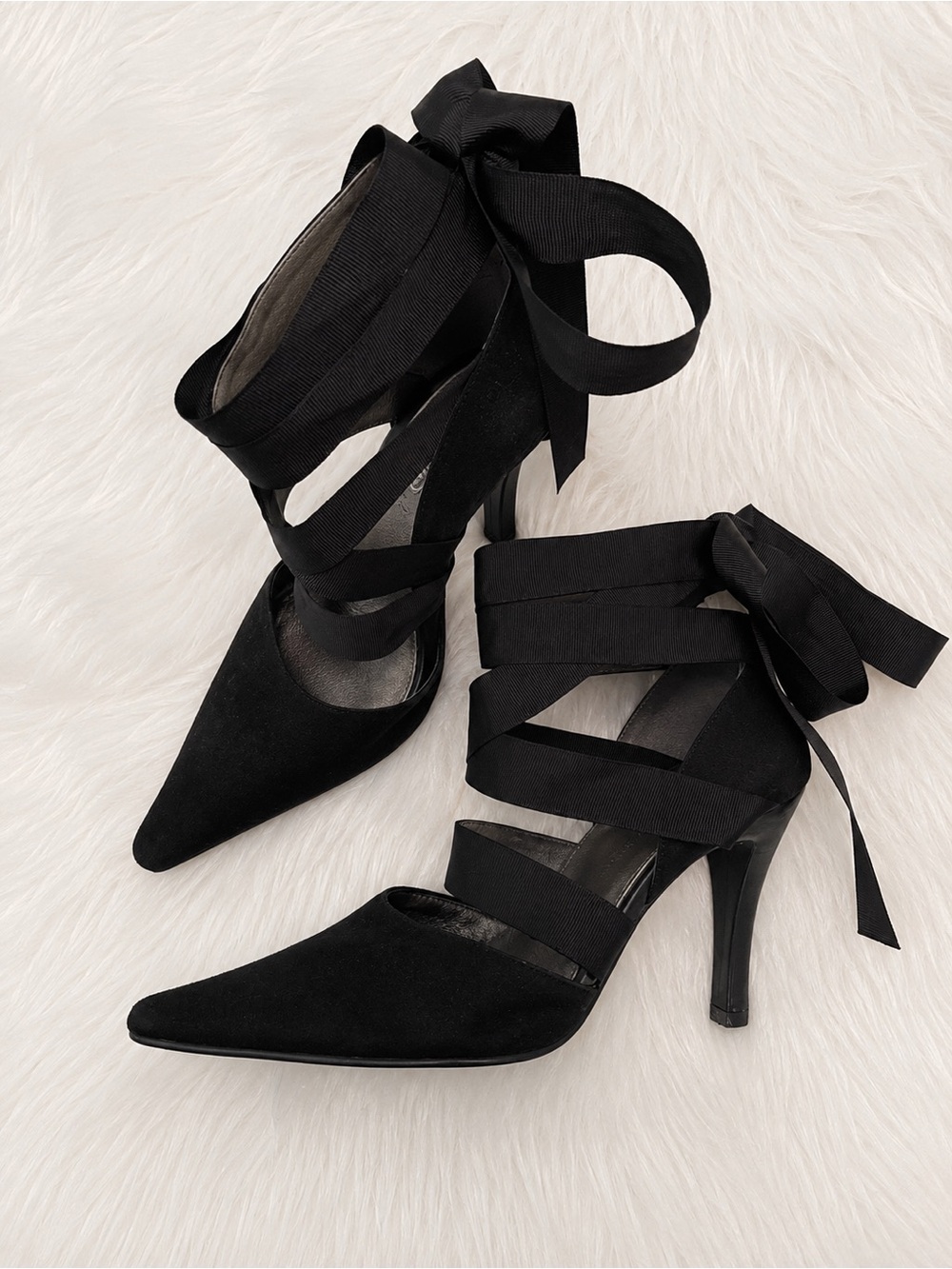 le chateau - Black Suede Pointed Heels with Grograin Ribbon Ties - 7